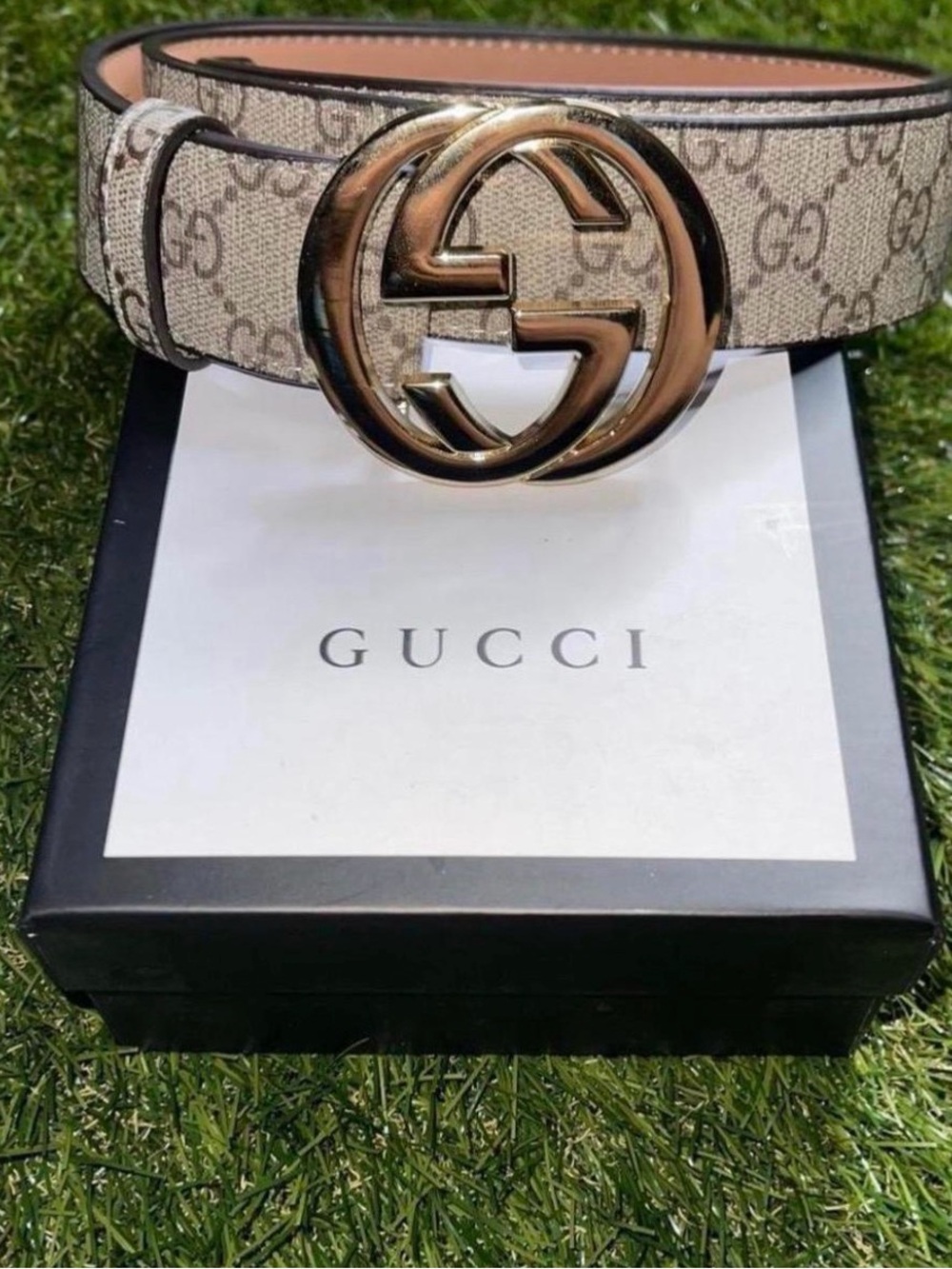 Gucci Beige GG Supreme Canvas Belt with Gold Double G Buckle
